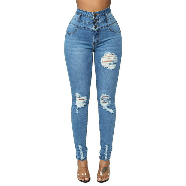 Women Ripped Jeans Skinny Mid Waist Denim Pants Jeggings Stretch Pencil Trousers